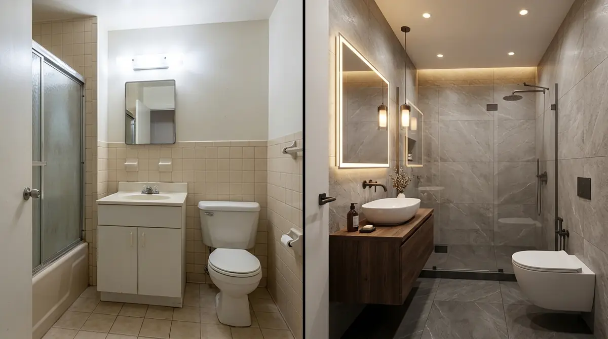 Multi-panel workflow showing the AI bathroom design process: uploading a bathroom photo, selecting tile and style options, AI processing the transformation, and the final redesigned bathroom result