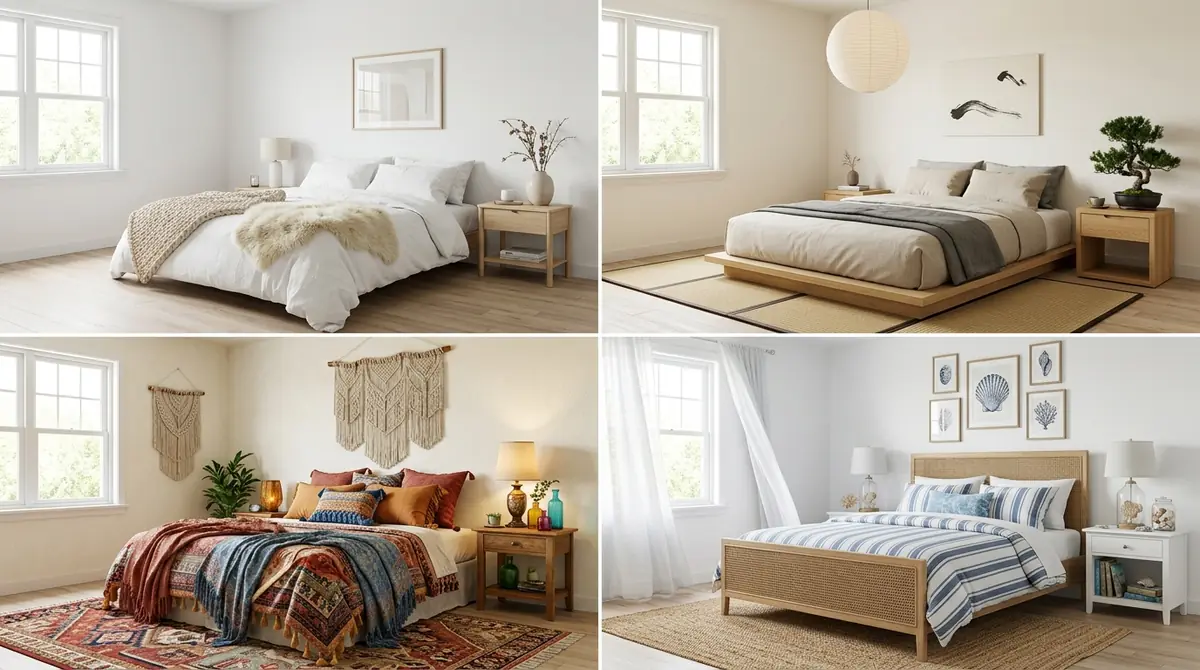 A user interface showing a bedroom photo uploaded to the AI design tool with a style selection panel displaying eight bedroom design style options including Scandinavian, Modern, Japandi, and Bohemian