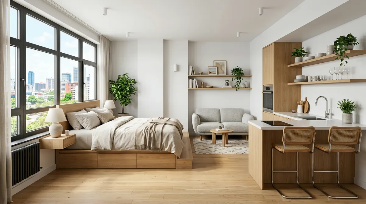 A bright, efficiently designed studio apartment with smart furniture placement, multifunctional pieces, and an open airy feel despite compact square footage
