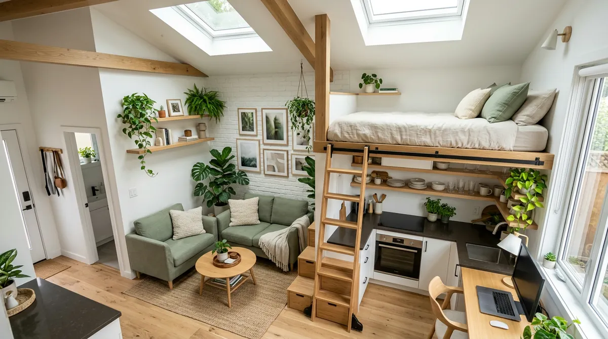 A beautifully designed micro apartment showing all five zones clearly defined: sleeping nook with platform bed, compact living area, efficient kitchenette, wall-mounted desk workspace, and organized entry, all in a bright Scandinavian aesthetic