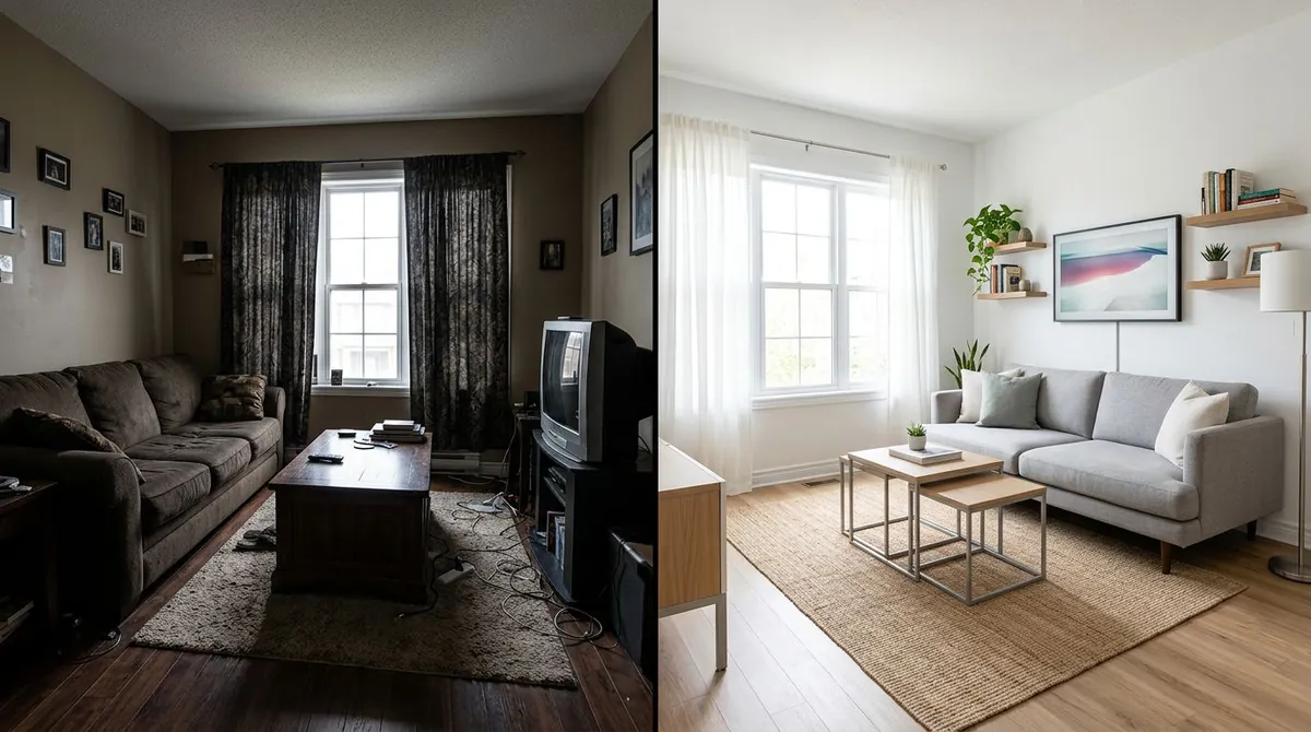 Before and after of a small living room: left shows a cluttered room with mismatched furniture, right shows the same room in a Scandinavian style with light colors, clean lines, and strategic furniture placement