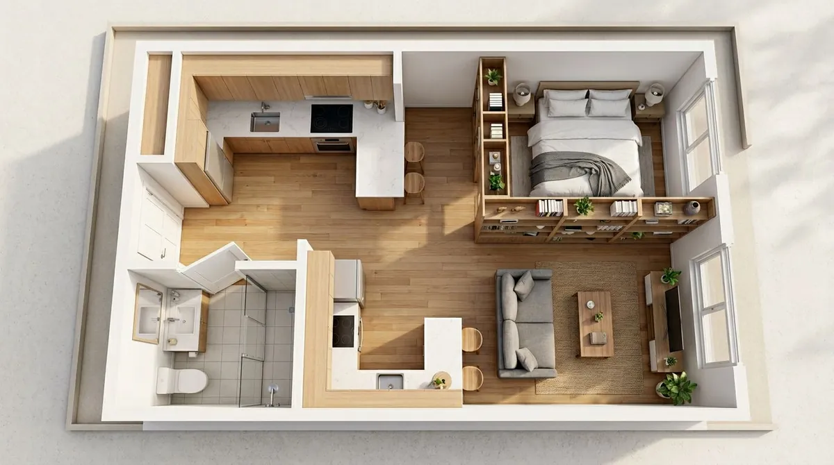 An AI-generated studio apartment floor plan showing a zoned layout with a sleeping area partially separated by a bookshelf divider, distinct living zone, and compact kitchen workspace