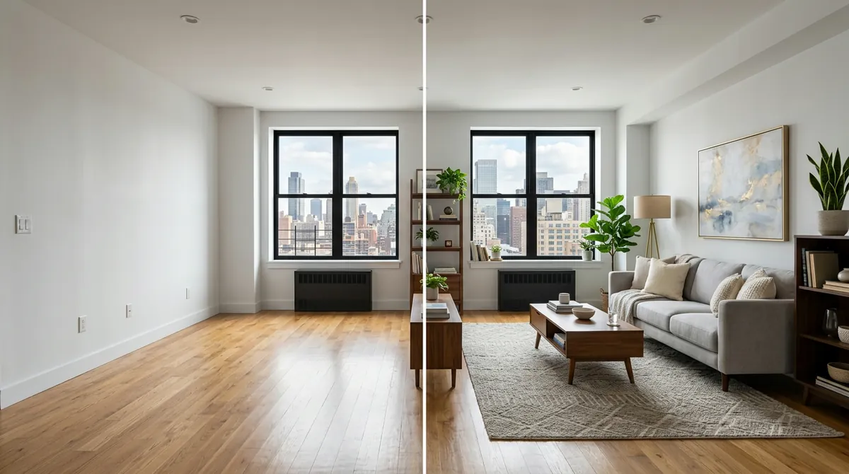 Before and after virtual staging: left shows an empty living room with bare walls and hardwood floors, right shows the same room virtually staged with a complete modern furniture set, styled accessories, and warm lighting