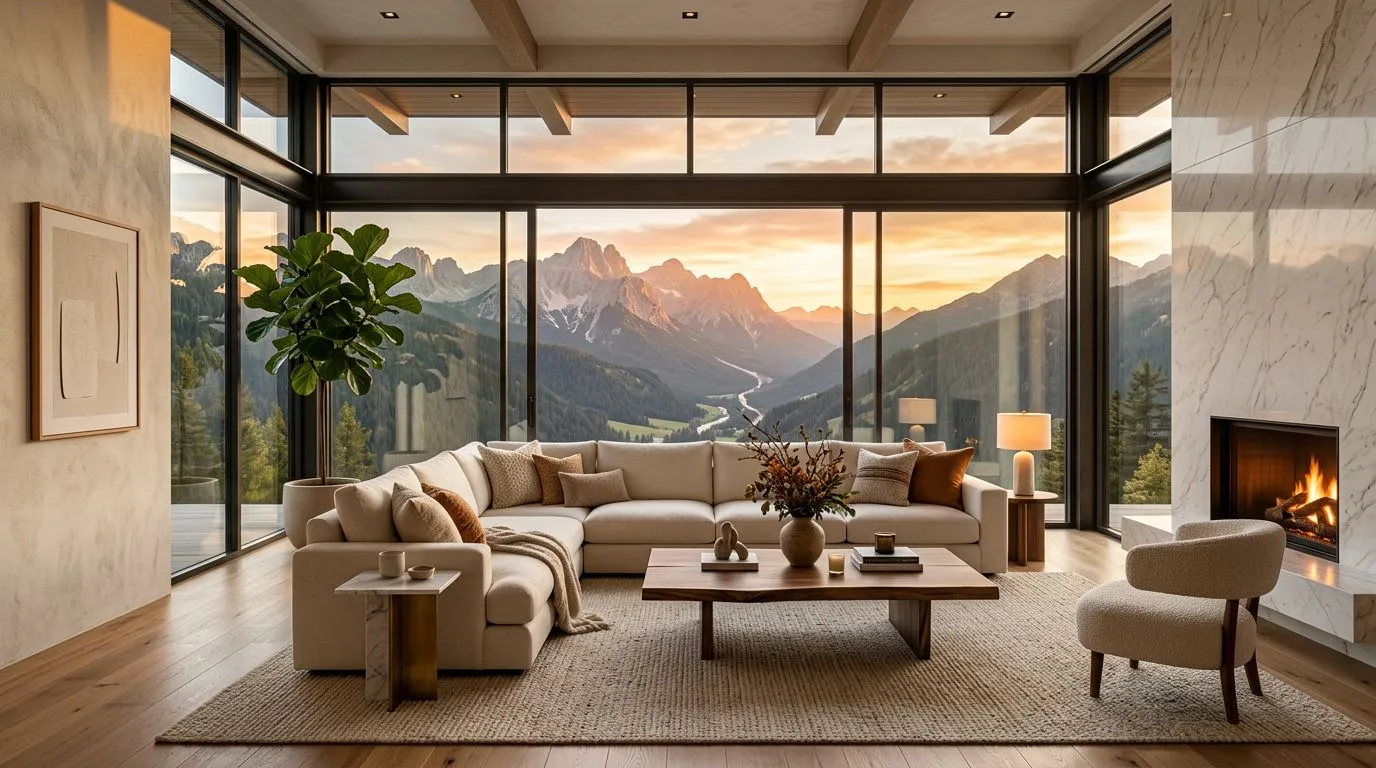 A modern home interior generated and optimized using AI design tools, featuring open-plan living with natural light and contemporary furnishings