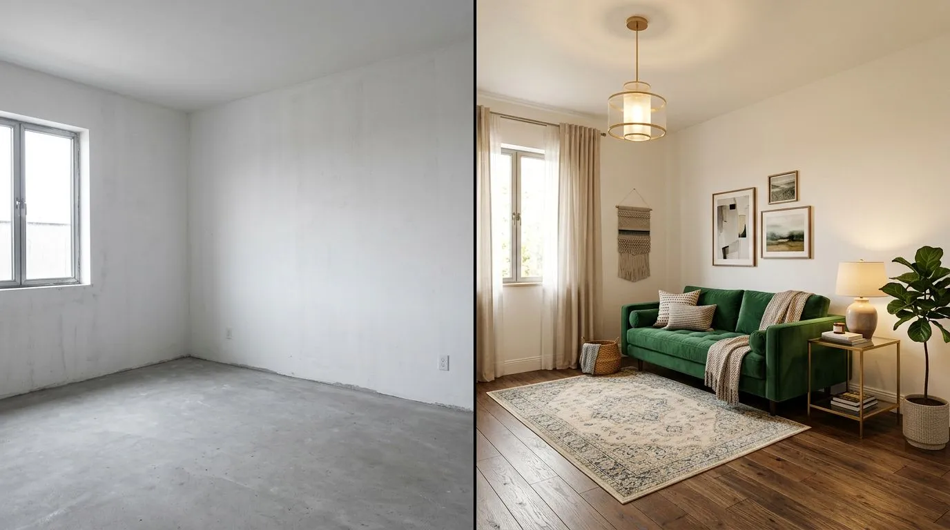 Side-by-side comparison of a room before and after AI-powered interior styling, showing transformation from empty space to fully designed living area