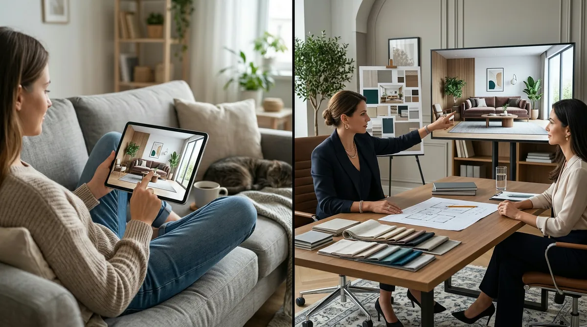 Split-screen comparison showing a designer working with fabric swatches and blueprints on the left side, and an AI design tool generating room renders on a laptop screen on the right side