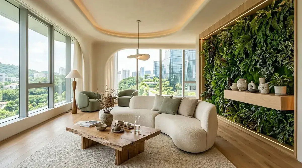 A futuristic living room interior blending multiple 2026 design trend elements including natural materials, warm tones, and contemporary furniture in a bright airy space