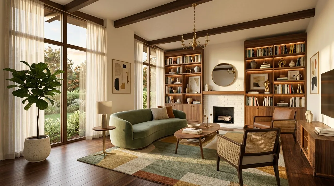 A photorealistic 3D rendering of an AI-generated living room interior with furniture, lighting, and material textures