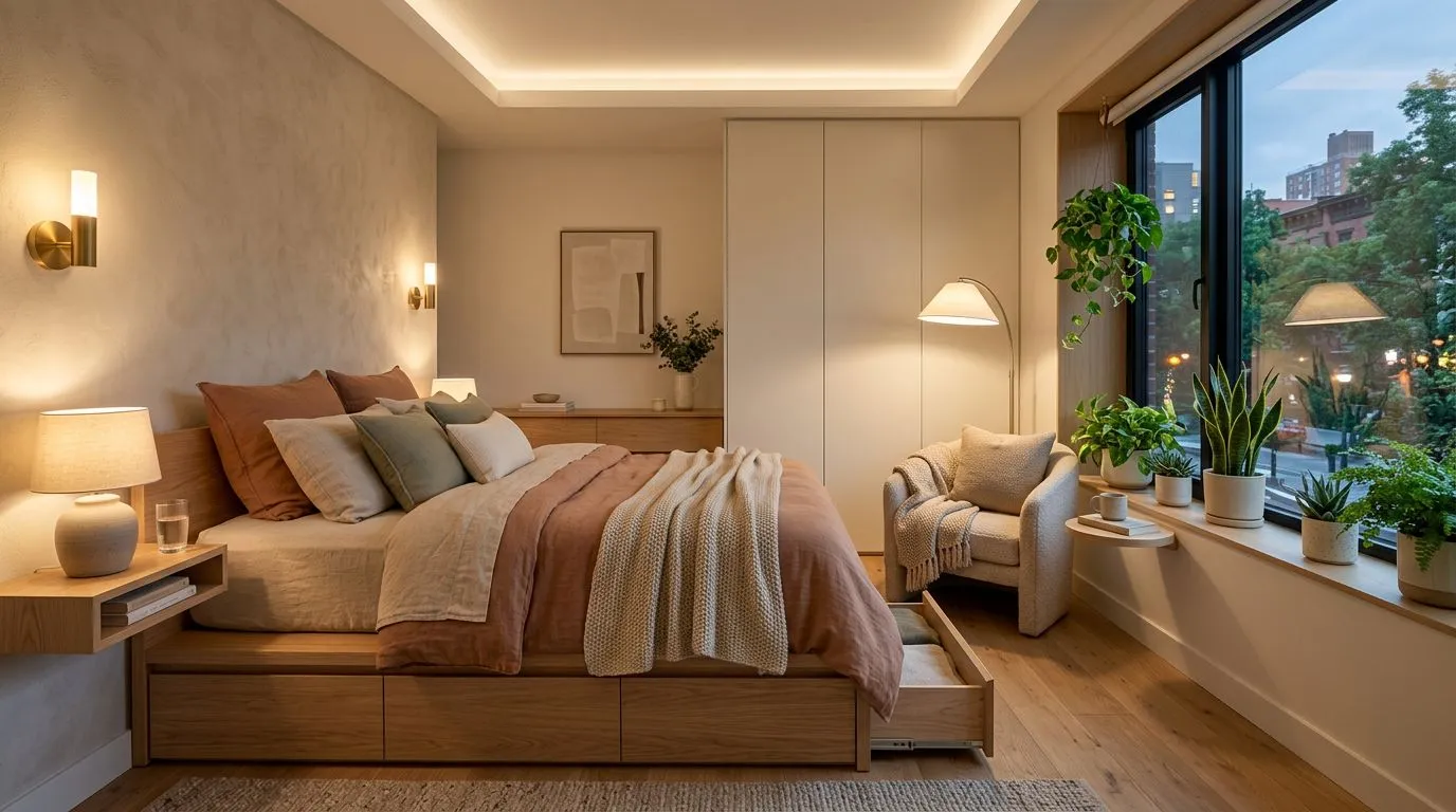 A beautifully arranged bedroom with AI-optimized furniture placement showing balanced proportions and clear circulation paths