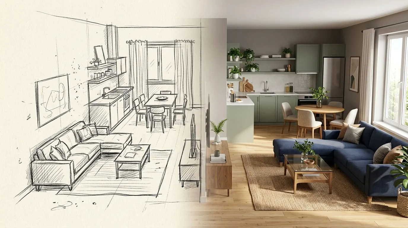 Side-by-side comparison showing a hand-drawn bubble diagram sketch on the left and the AI-generated floor plan layout on the right