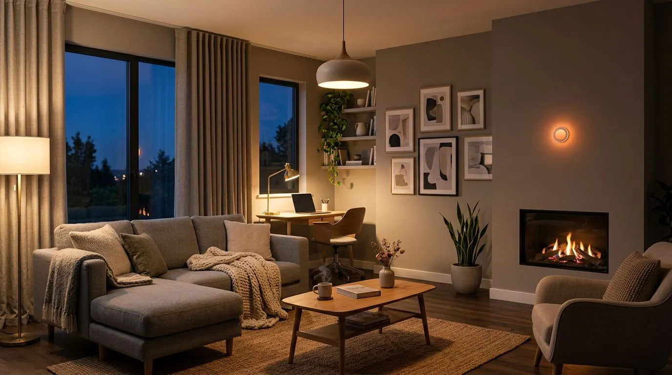 A modern smart home interior showing integrated IoT sensors, automated lighting, and AI-controlled climate systems working alongside an optimized furniture layout