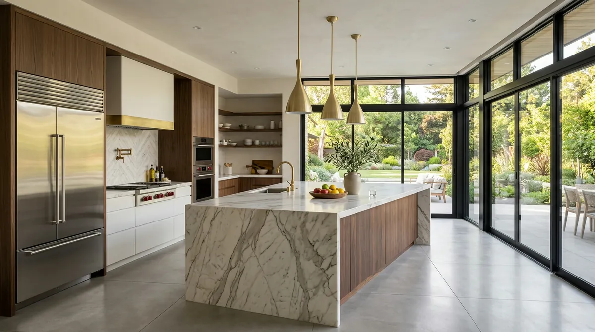 A stunning modern kitchen with marble island countertop, brass pendant lighting, and warm oak cabinetry in a bright, airy space with professional architectural photography quality