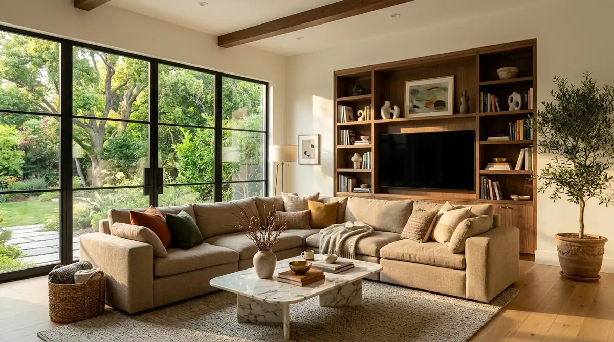 A stunning modern living room with floor-to-ceiling windows overlooking a green garden, featuring a modular sofa, marble coffee table, and indoor olive tree in warm afternoon light