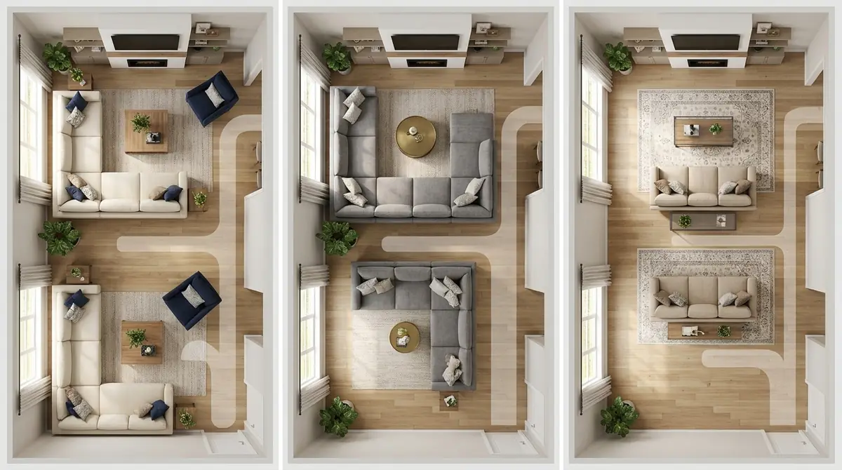 Three-panel birds-eye 3D comparison showing three living room furniture layouts: L-shaped sofa facing TV, U-shaped sectional creating conversation area, and two facing sofas in an open floating layout