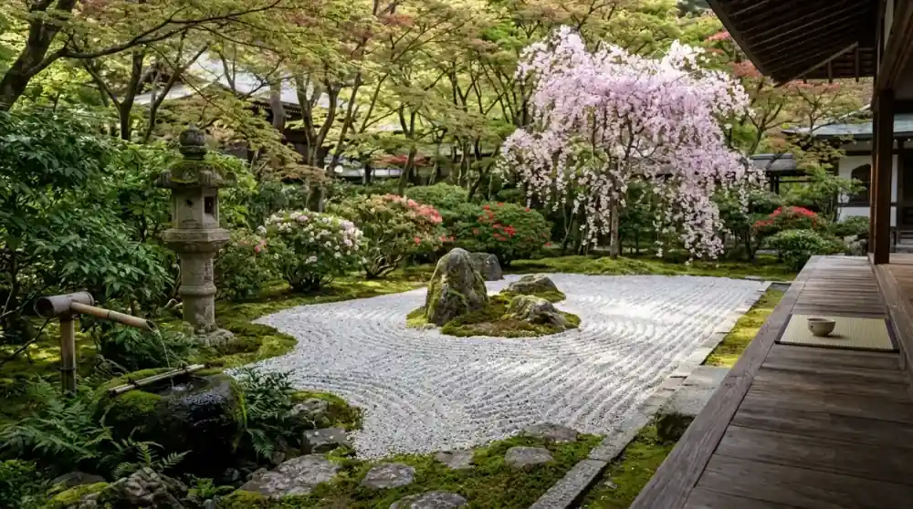 A serene Japanese Zen garden with raked white gravel forming concentric circular patterns around moss-covered rocks, a stone lantern, bamboo fence, and a single Japanese maple with red autumn foliage