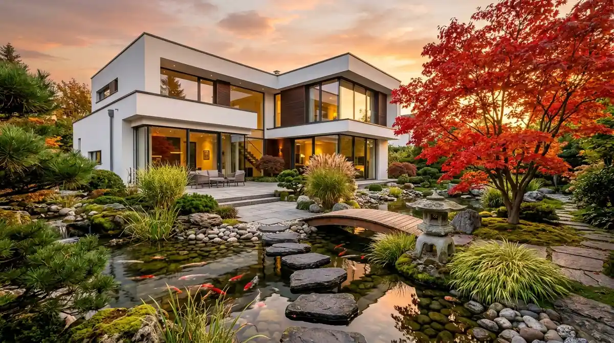 A beautifully landscaped home exterior featuring a lush garden with flowering plants, a stone pathway, manicured hedges, and warm outdoor lighting at golden hour with professional architectural photography quality
