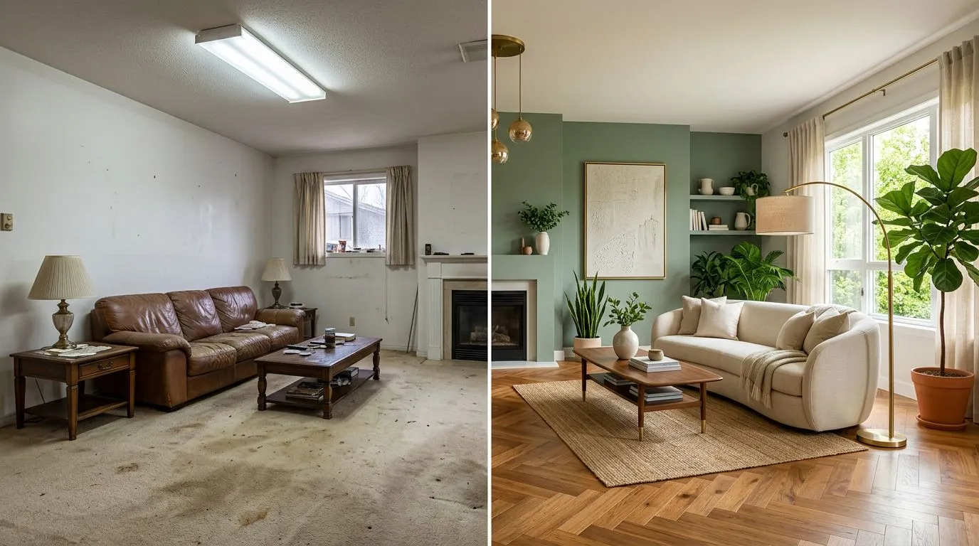 Side-by-side before and after comparison of a living room renovation, showing AI-visualized wall color, flooring, and furniture changes applied to a real room photograph