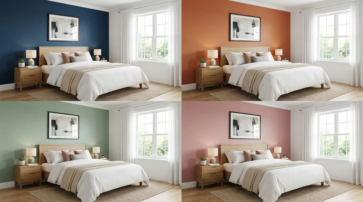 AI-generated comparison showing the same bedroom wall rendered in four different paint colors, demonstrating how each interacts with room lighting and existing furniture