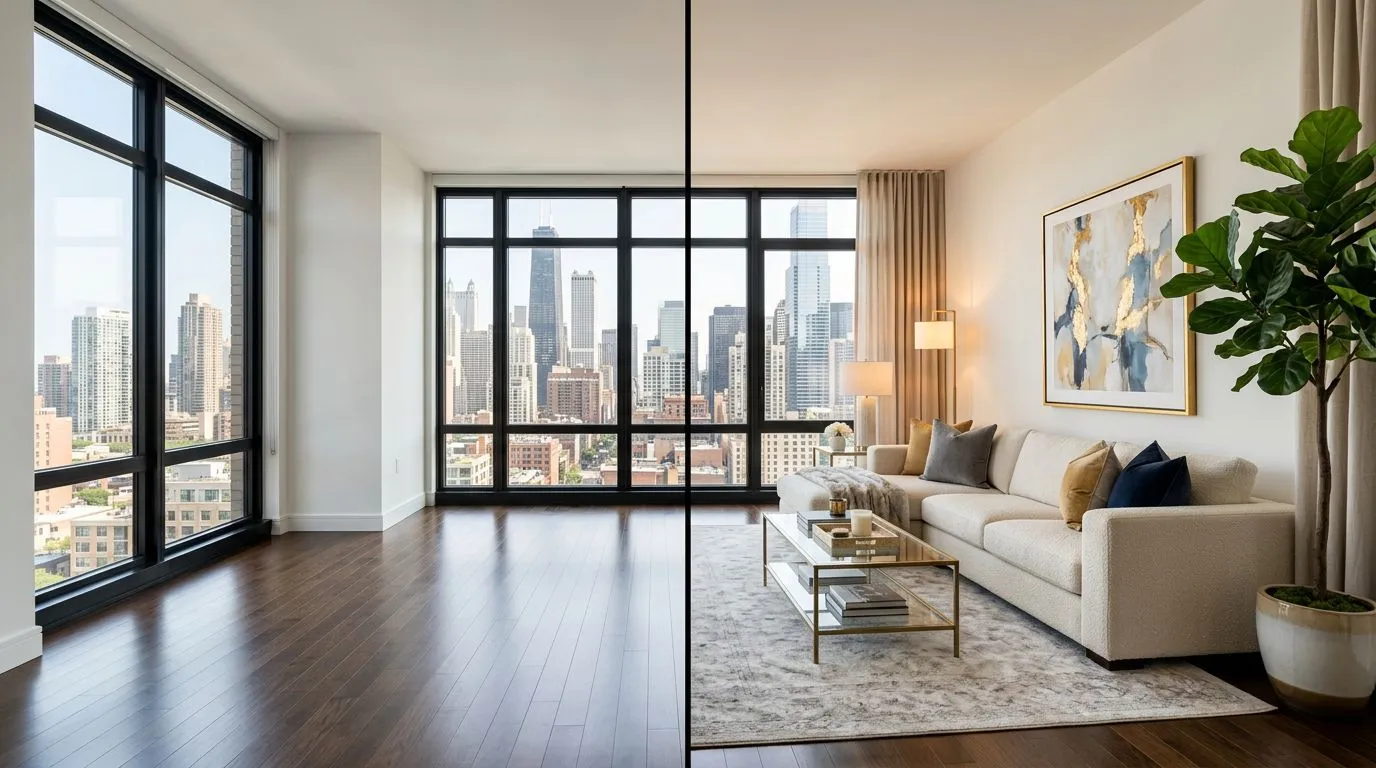 Side-by-side comparison of an empty room and the same room after AI virtual staging with modern furniture, artwork, and decor