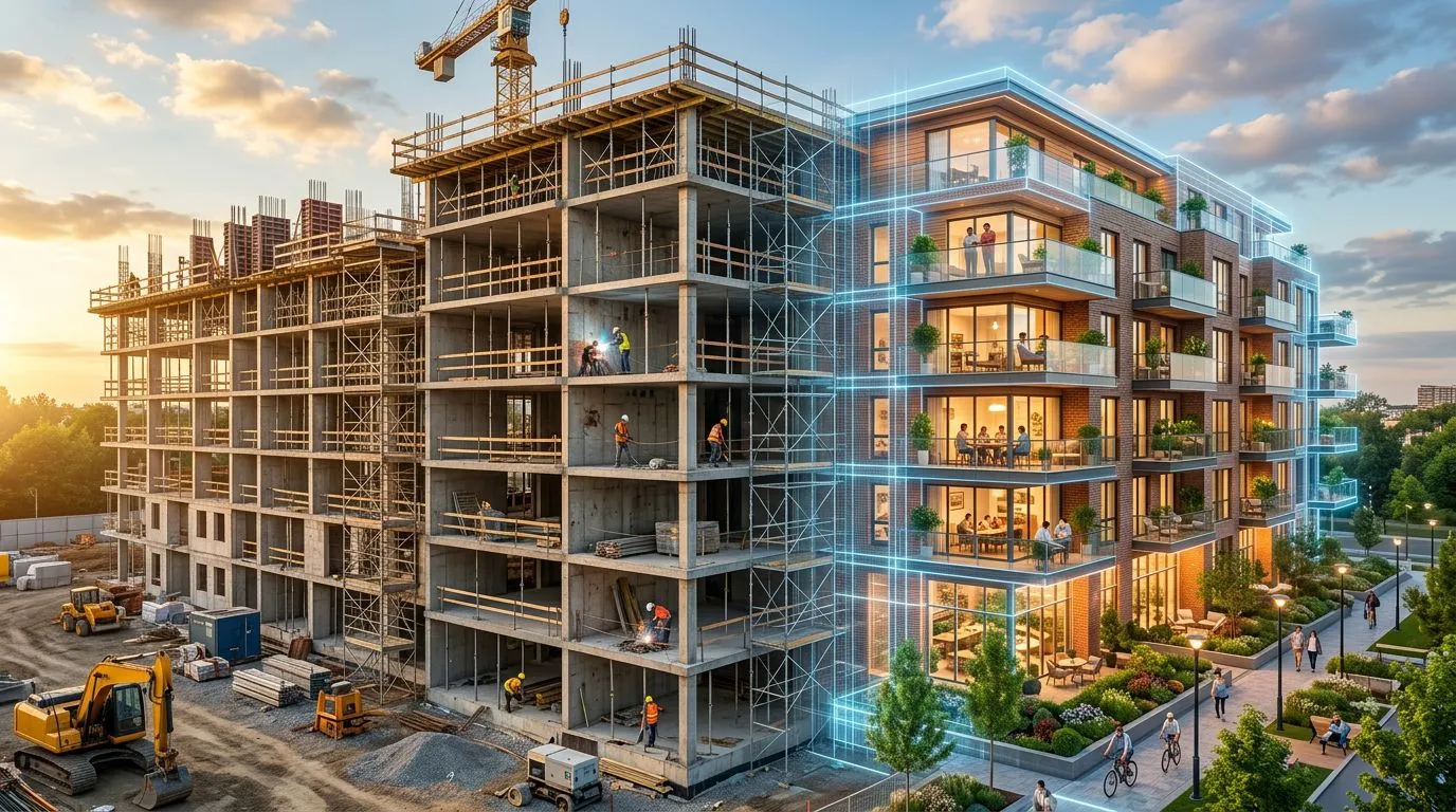 Split image showing a property under construction on the left and an AI-generated photorealistic visualization of the completed home on the right