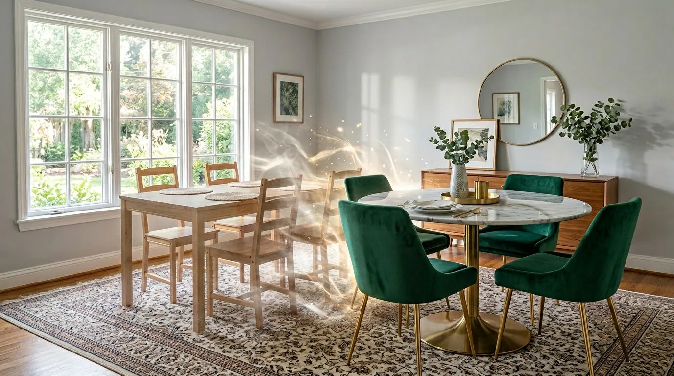 Before and after comparison showing AI furniture replacement, with a dated brown sofa replaced by a modern light gray sectional while the rest of the room remains unchanged