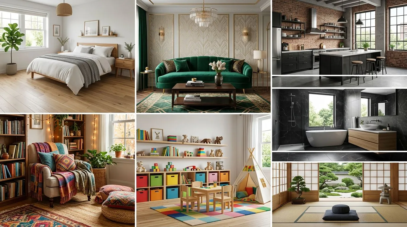 Collage showing outputs from multiple AI interior design tools including room redesign, furniture replacement, wall visualization, and floor design results side by side