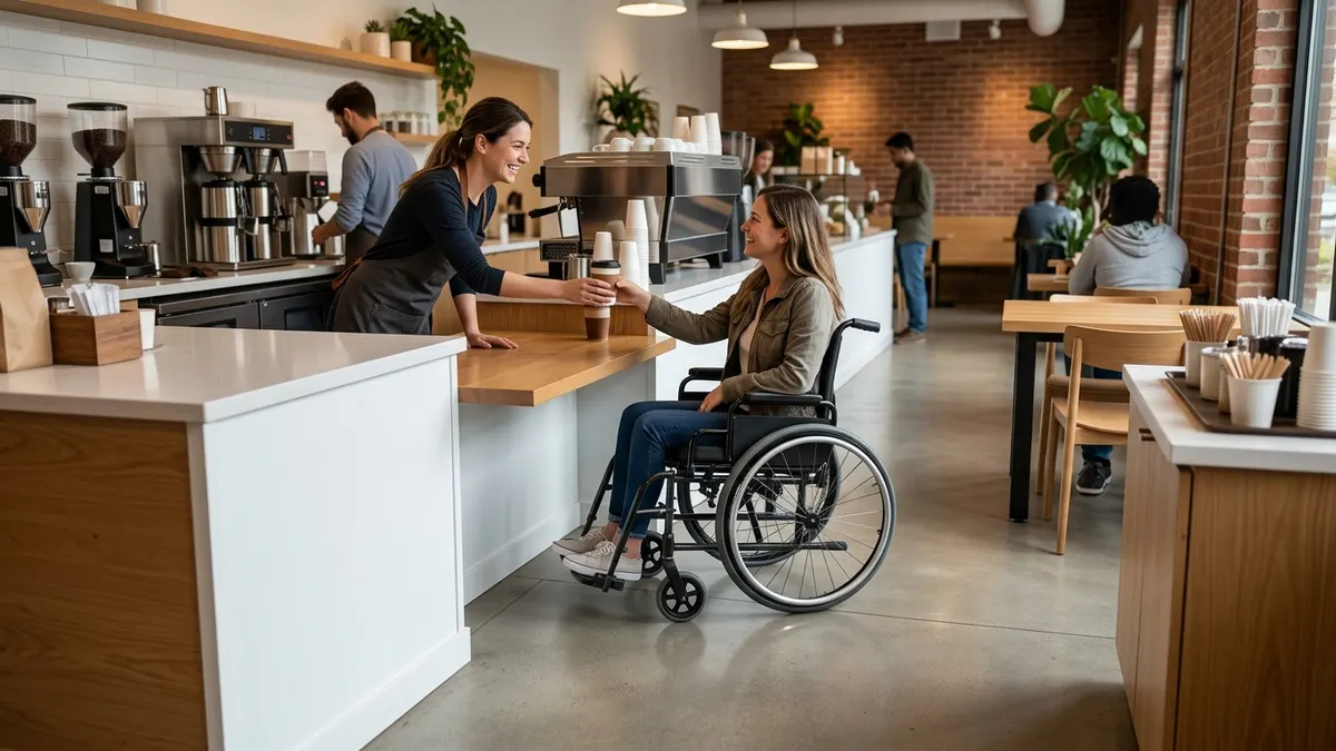 Accessible coffee shop counter design with a lowered section of service counter, wide clear aisle and an accessible-height table nearby