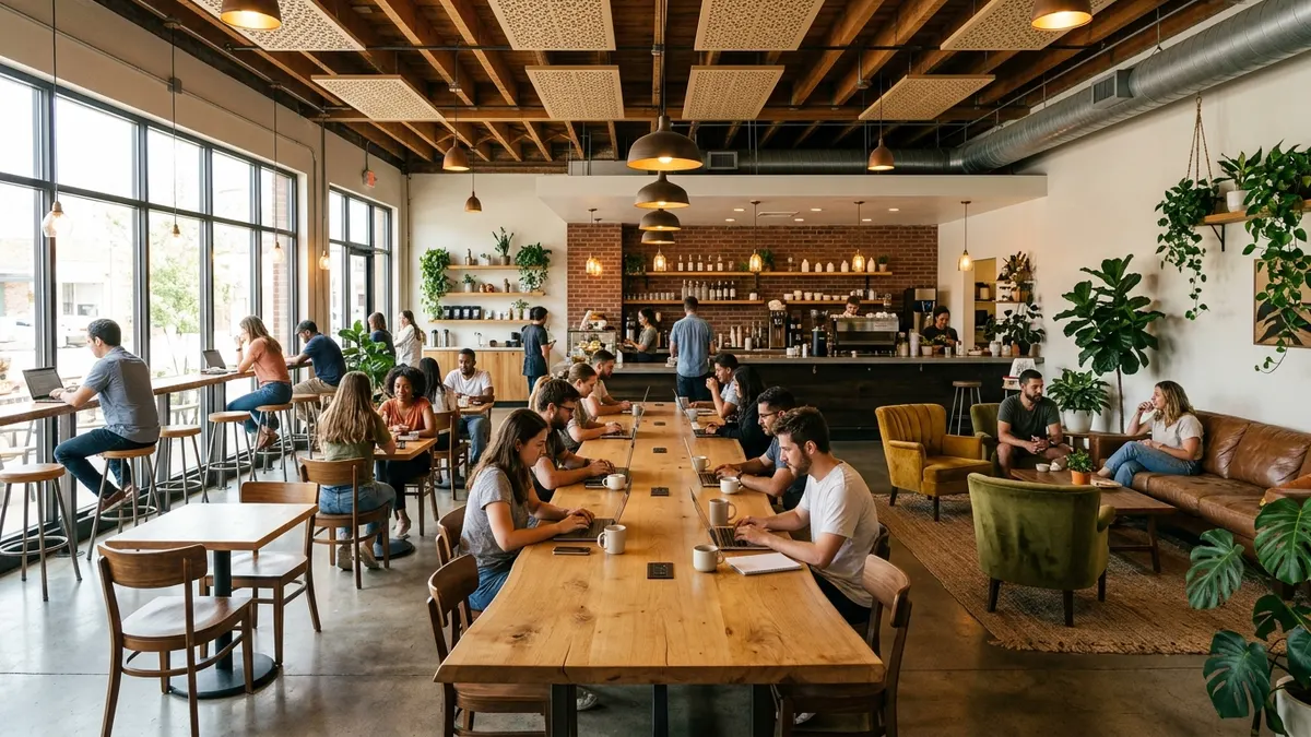Coffee shop interior showing a seating mix of two-top tables, a long communal table with power outlets, window bar stools and a lounge corner with armchairs