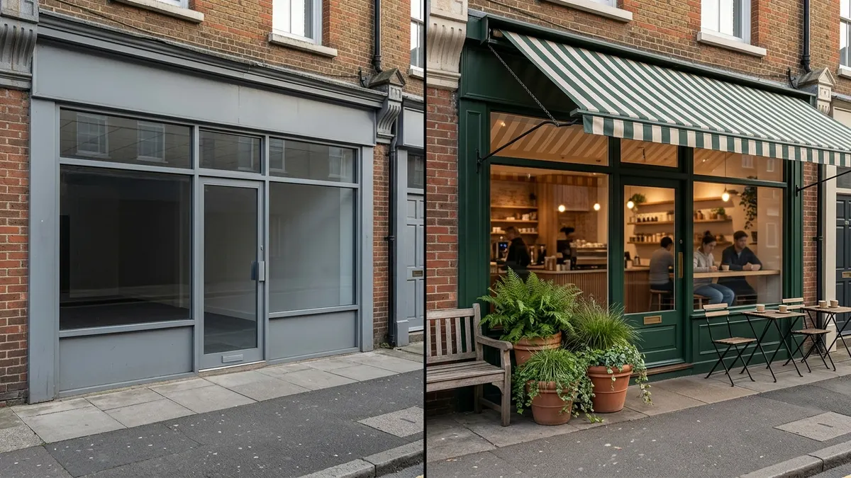 Before and after coffee shop storefront design: a plain retail unit transformed with dark painted frames, a striped awning, outdoor seating and planters