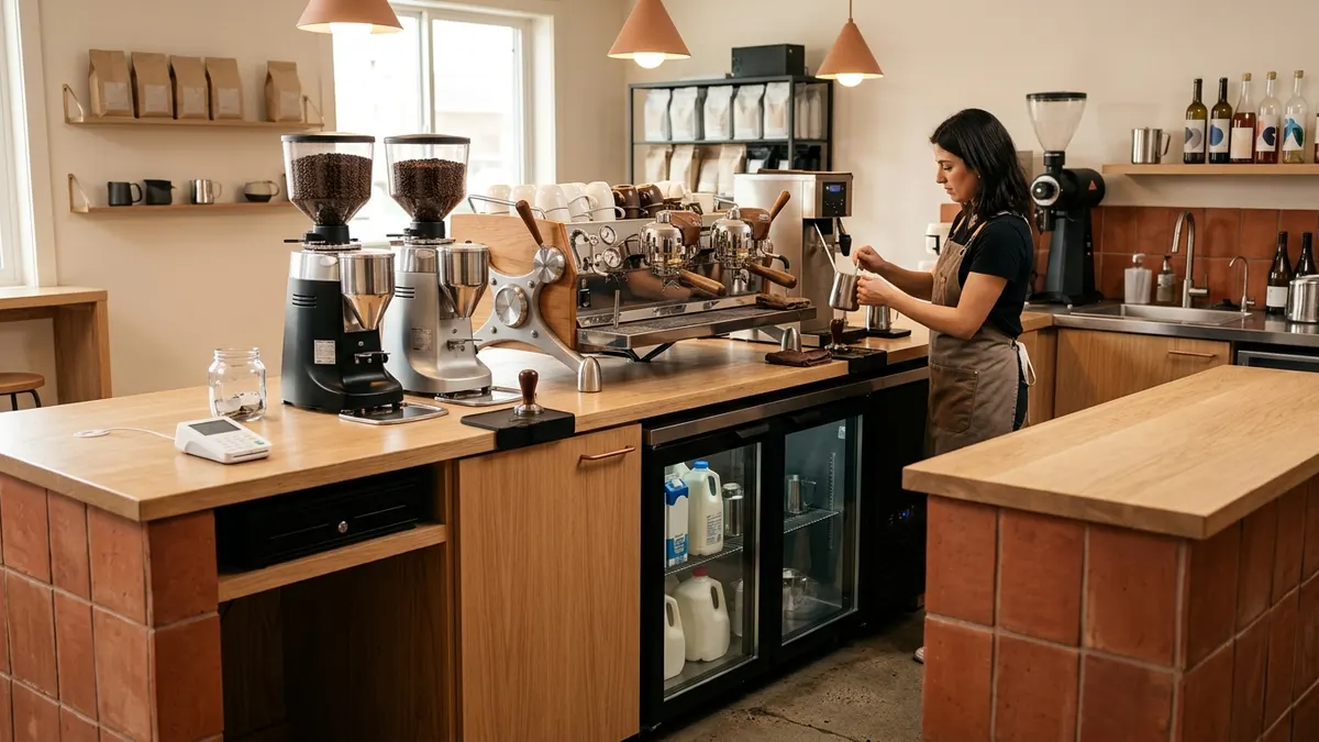 Coffee bar layout seen from the customer side, showing grinders, a two-group espresso machine, milk station, under-counter refrigeration and a clear handoff counter