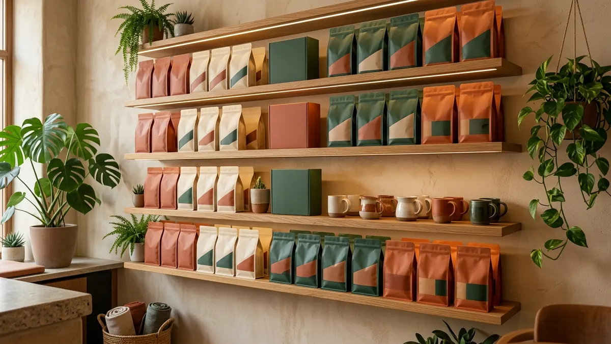 Coffee shop retail wall with wooden shelving displaying coffee bags in colors that match the cafe interior palette, with gift boxes and ceramic mugs