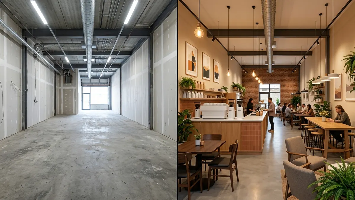 Before and after coffee shop design: an empty retail shell with bare concrete transformed into a finished warm cafe interior with an espresso bar and mixed seating