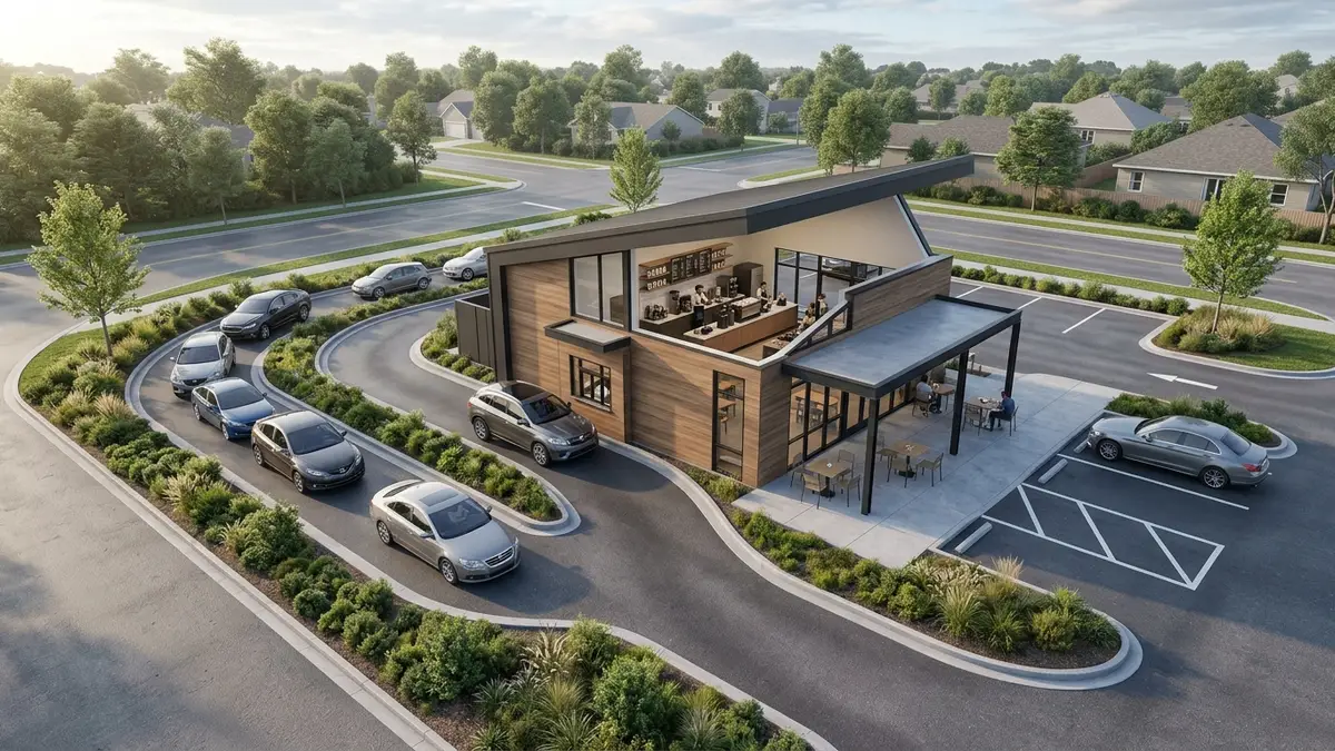 Aerial view of a small freestanding drive-thru coffee shop with a winding drive-thru lane, a compact interior coffee bar facing the windows and a small covered patio