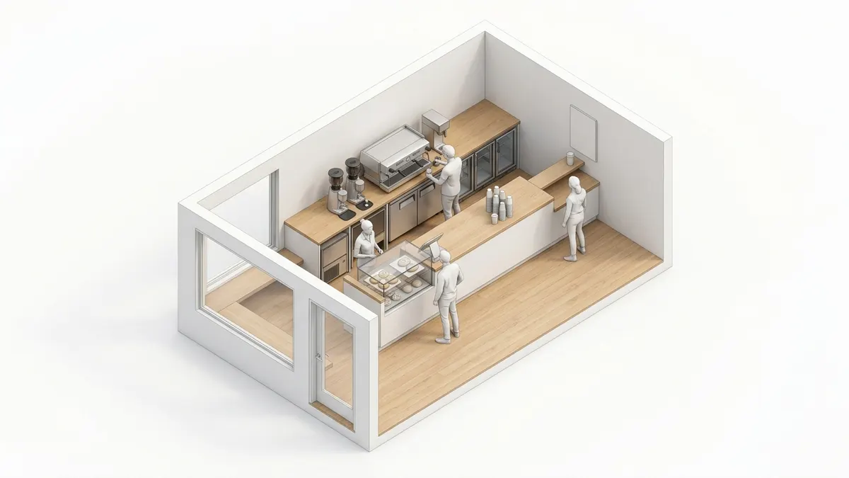 Top-down 3D coffee shop floor plan of a small grab-and-go kiosk with a linear espresso bar, order counter, pickup shelf and a short window bench