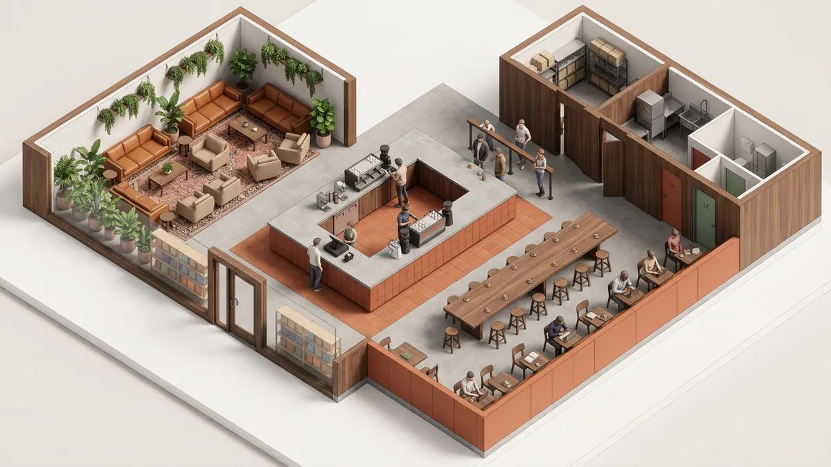3D coffee shop floor plan for a larger third-place cafe with a central island bar, lounge zone with sofas, work tables with power, a communal table, retail shelving and back-of-house storage