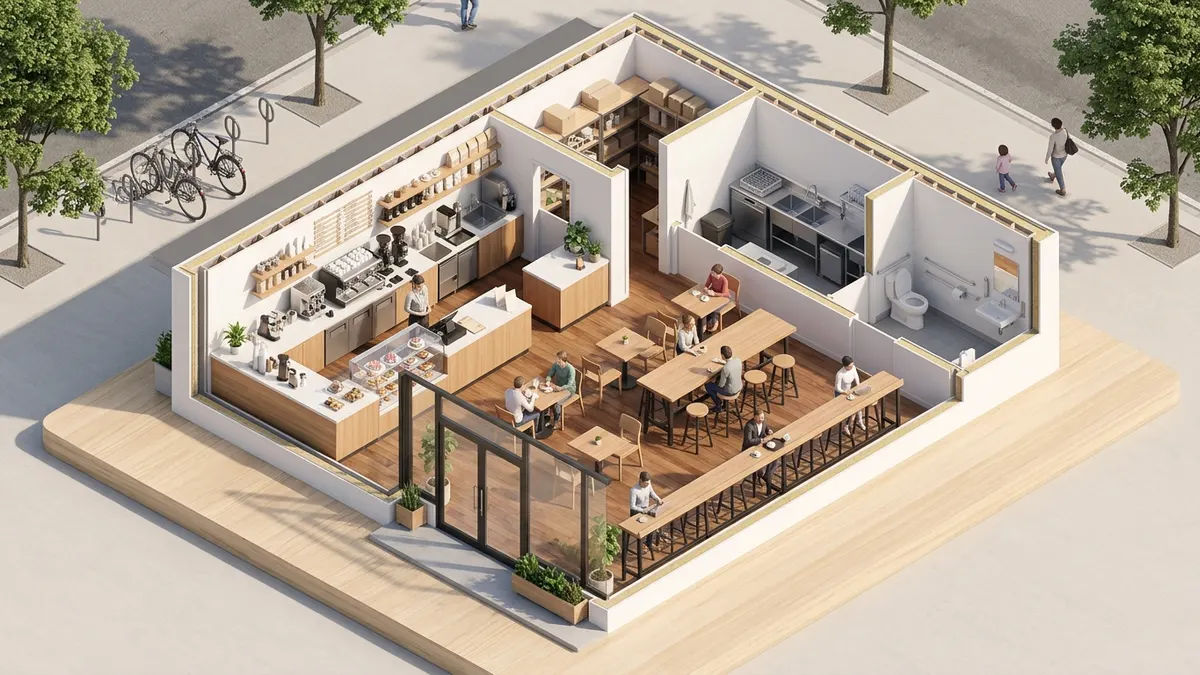 Isometric small cafe floor plan with an L-shaped coffee bar, pastry case at the order point, two-top tables, a communal table, a window counter and an accessible restroom