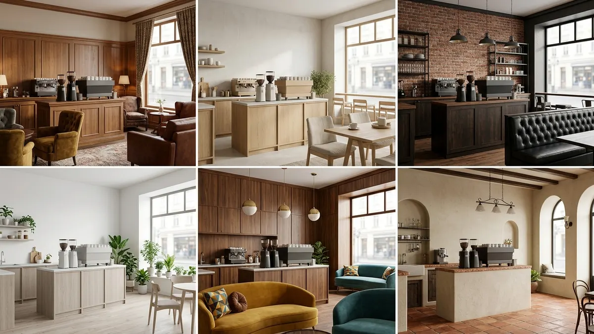 Six-panel grid of the same coffee shop interior in six design styles: warm coffeehouse, Japandi, refined industrial, Nordic, mid-century lounge and Mediterranean