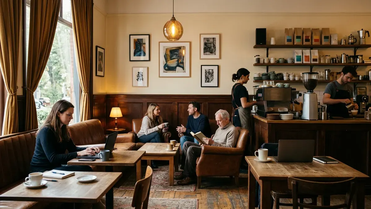 Warm neighborhood coffee shop interior design with soft lounge seating, wood wainscoting, linen curtains, local artwork and an open espresso bar