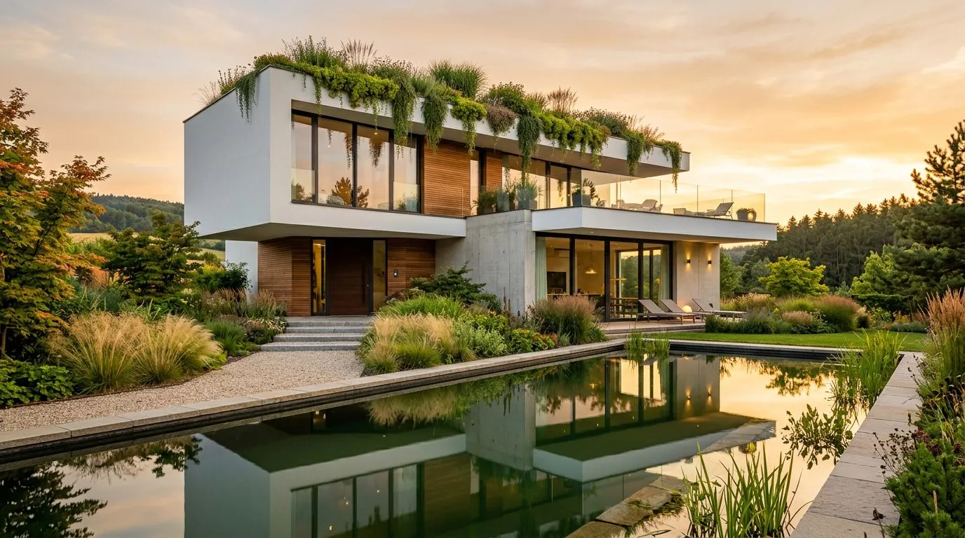 AI-generated photorealistic exterior rendering of a modern residential building with landscaping
