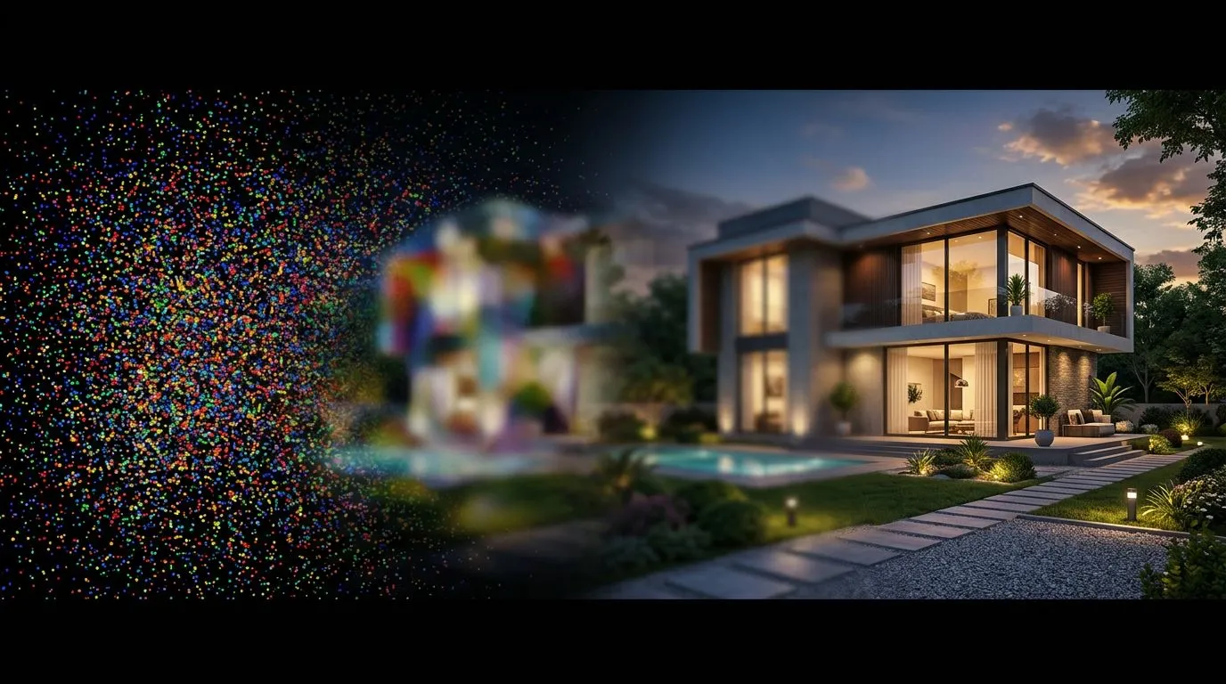 Step-by-step visualization of the diffusion denoising process, transforming random noise into a photorealistic building design