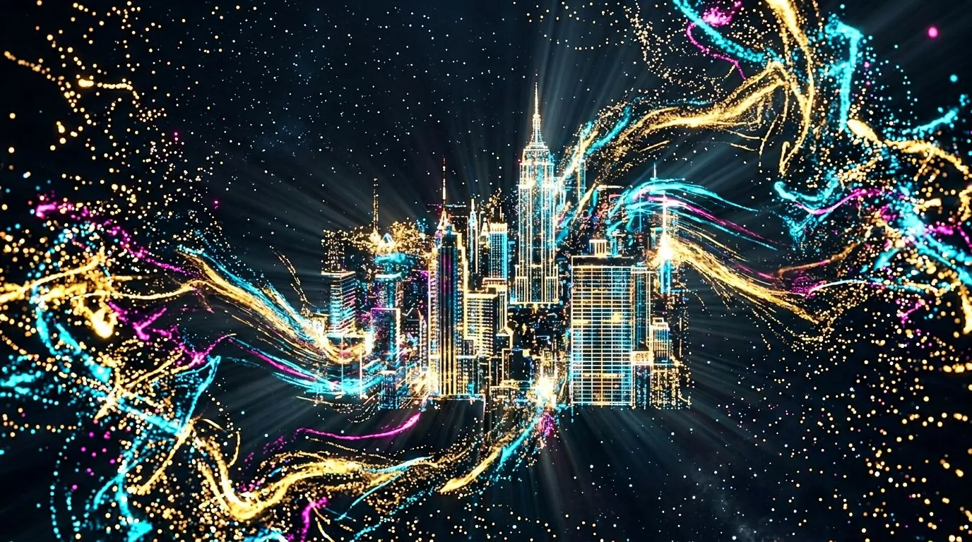 Abstract visualization of AI image generation showing digital particles forming into an architectural structure