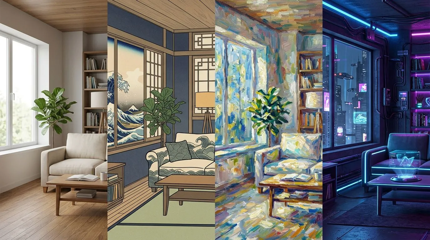 Side-by-side comparison showing AI style transfer applied to an interior space, transforming a modern room into different design aesthetics