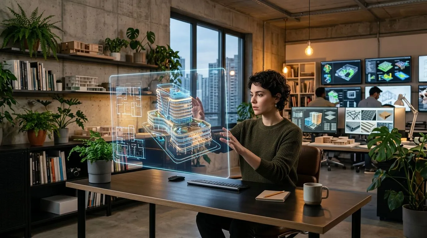 An architect working at a digital workstation alongside AI-generated floor plan suggestions, illustrating human-AI collaborative design