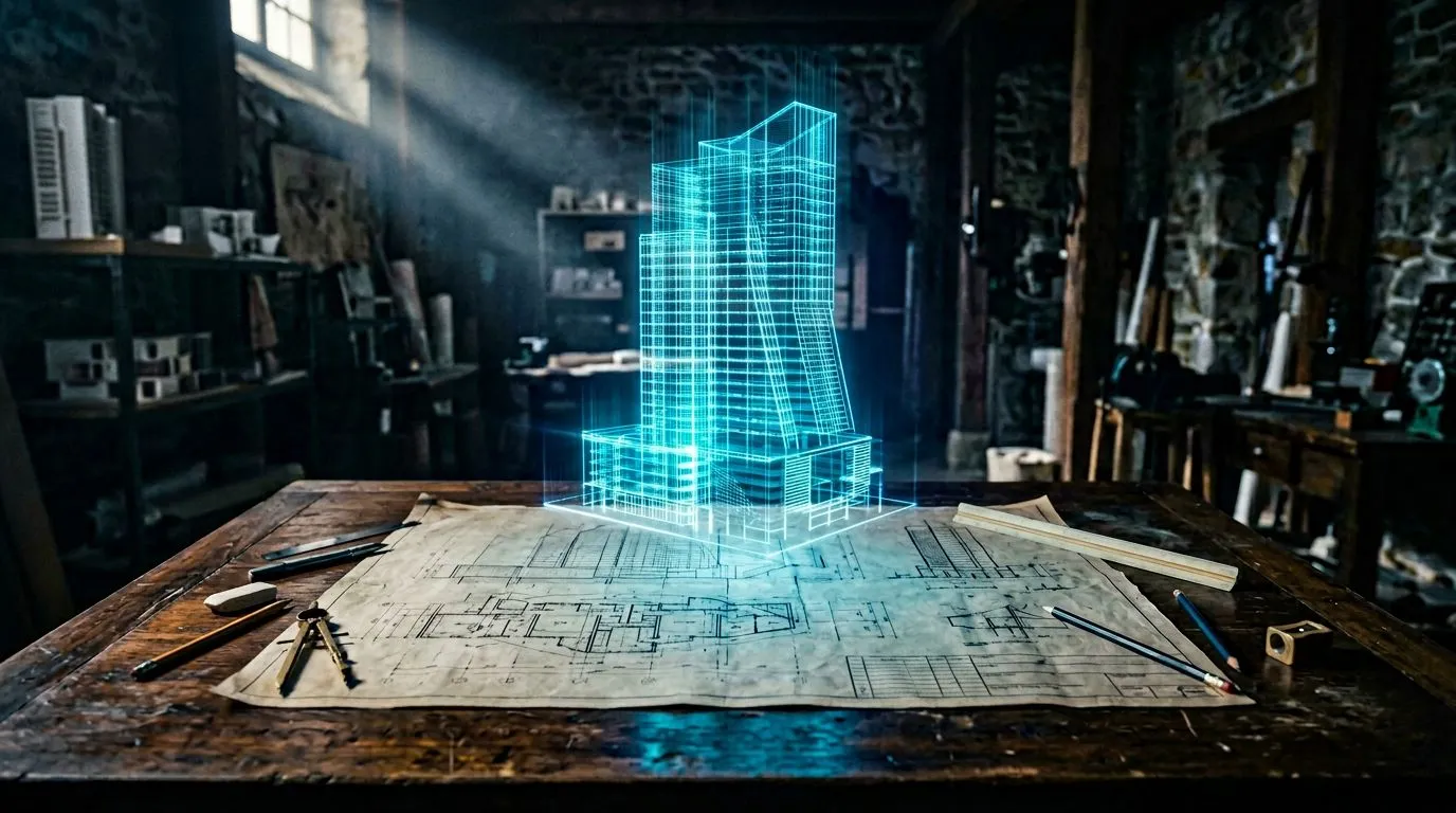 A traditional architectural blueprint merging with a digital holographic floor plan, symbolizing the transition from manual drafting to AI-generated design