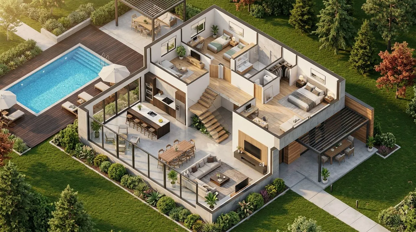 A modern AI-generated 3D house plan showing detailed room layouts, furniture placement, and dimensional annotations