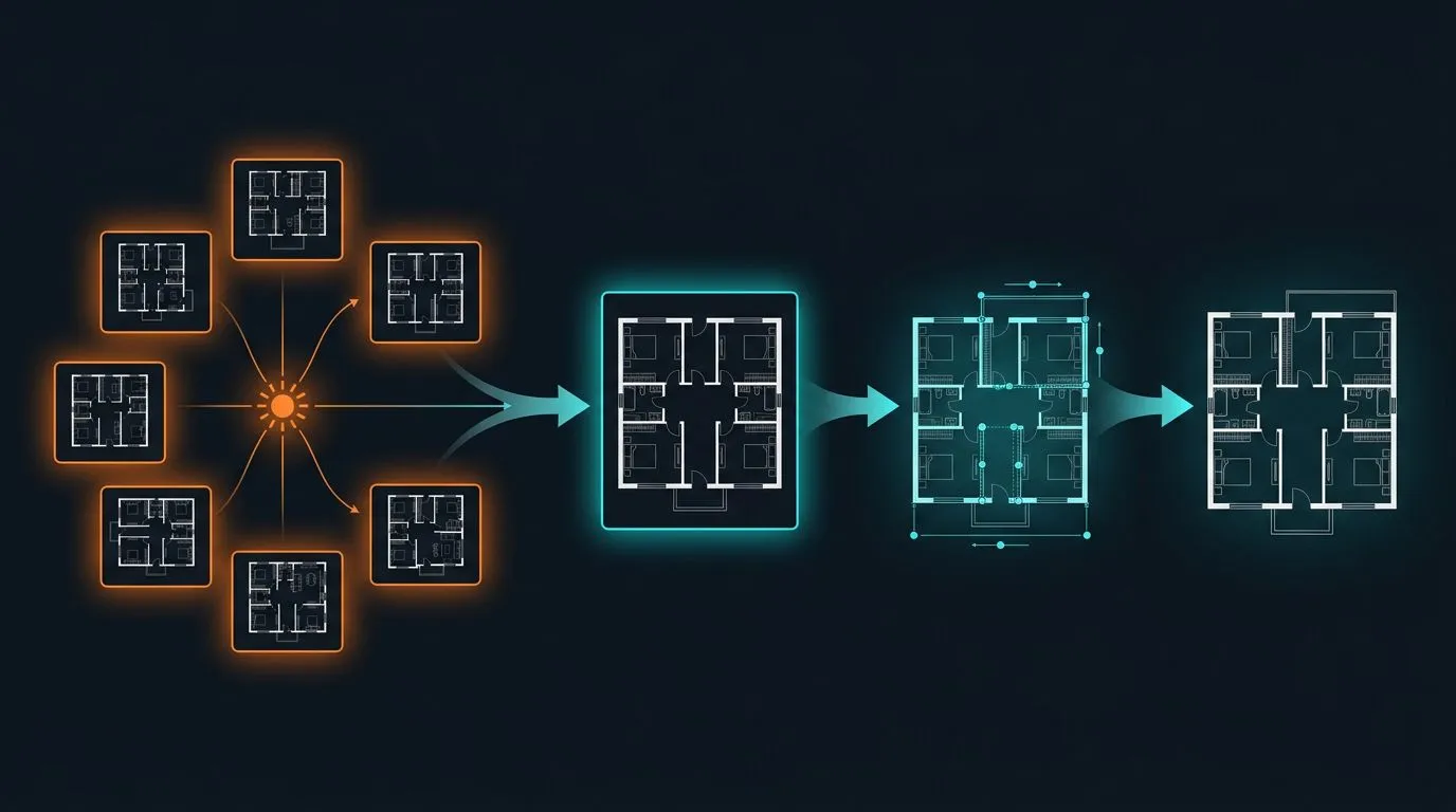 Workflow diagram showing the three-phase process: AI Generator produces multiple options, human selects the best candidate, then AI Editor refines the chosen plan