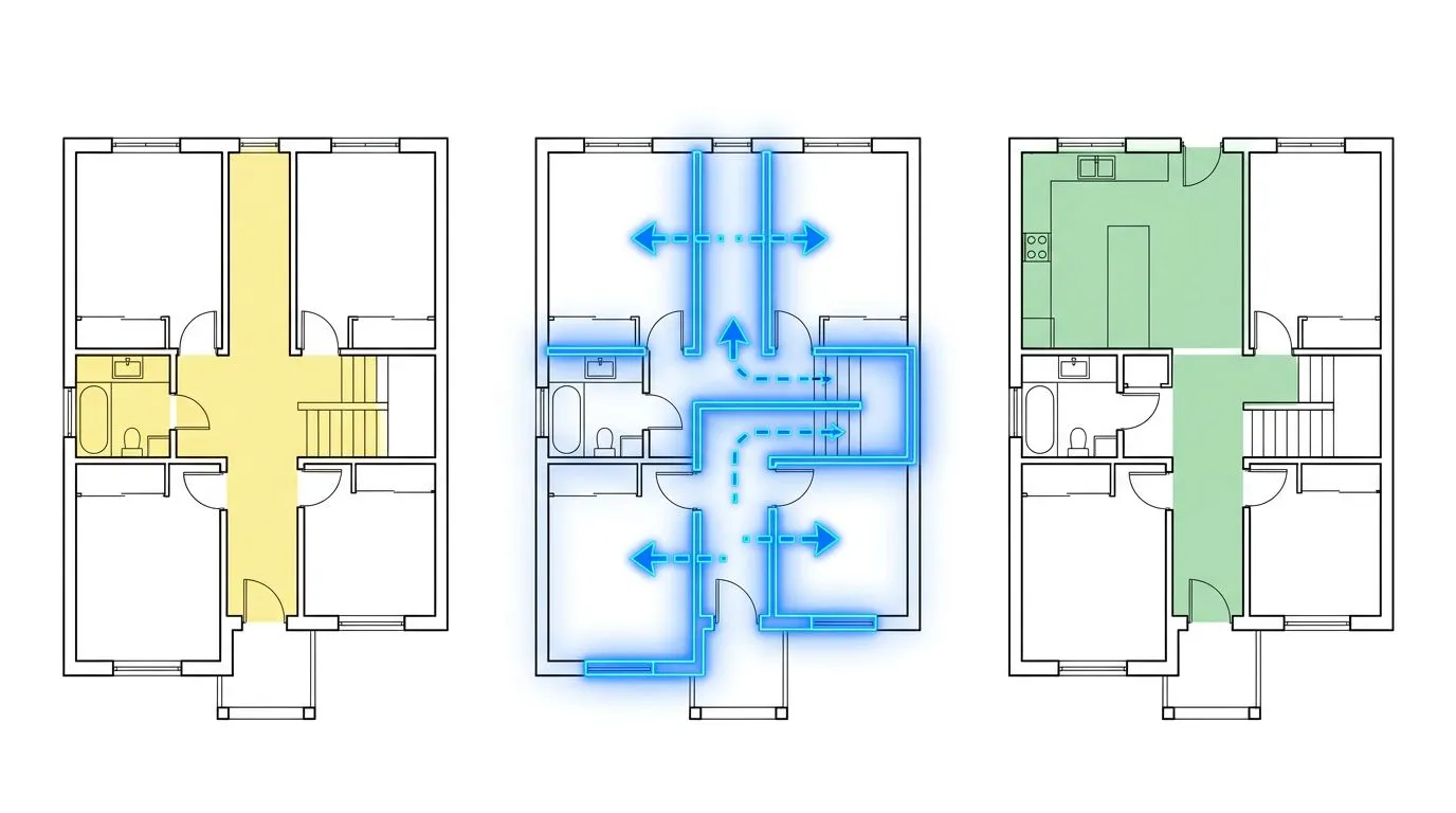 Three-step workflow showing an original floor plan being uploaded, AI interpreting its structure, and the modified result with rooms resized and repositioned