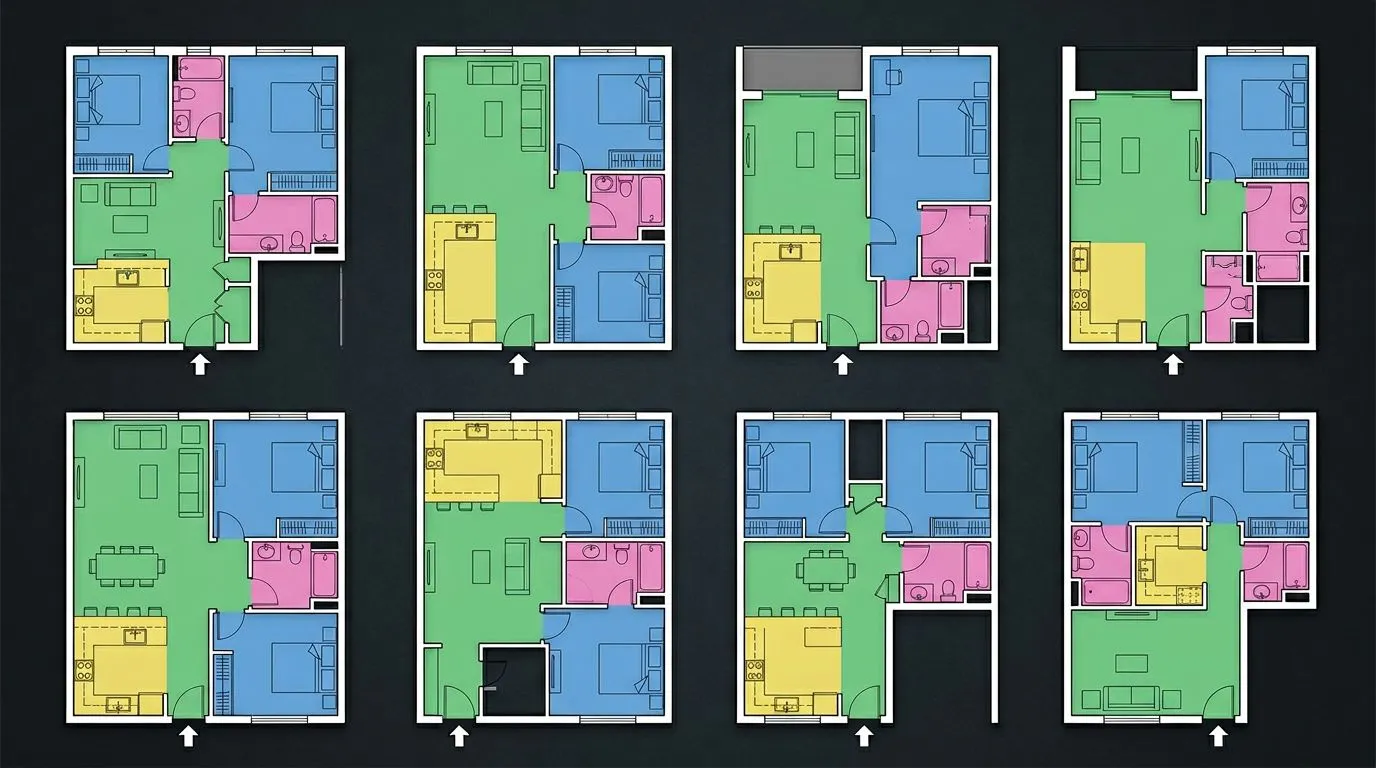 Grid of six different AI-generated floor plan options created from the same set of room requirements, showing diverse spatial configurations