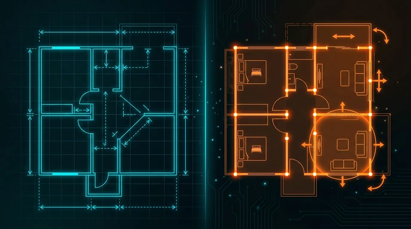 Split-screen comparison showing an AI floor plan generator creating a new layout from text inputs on the left and an AI floor plan editor modifying an uploaded plan on the right